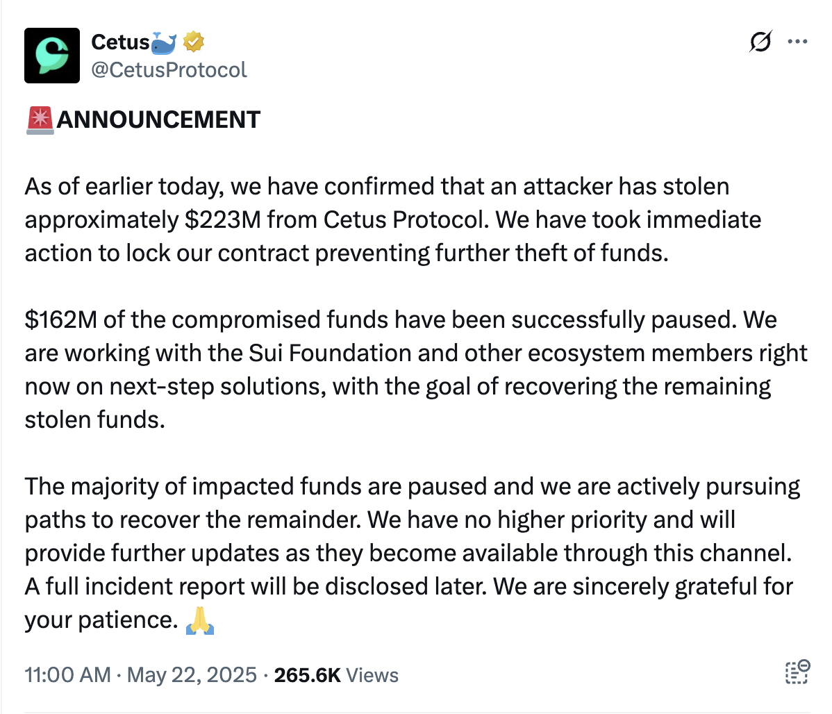 0196f93f-083d-7fe3-a77f-205a5b73560a Hợp đồng thông minh, An ninh mạng, Hack, SUI