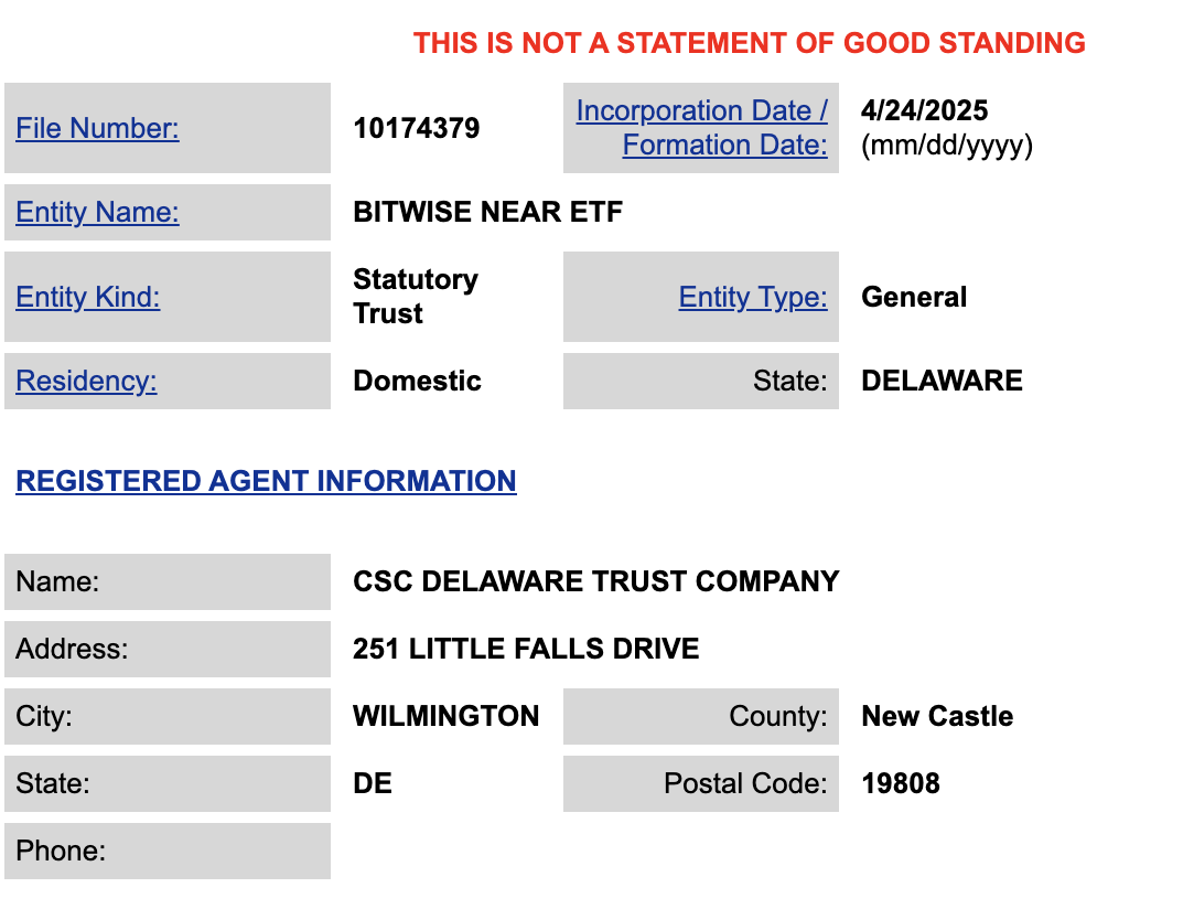 Bitwise Files for NEAR ETF